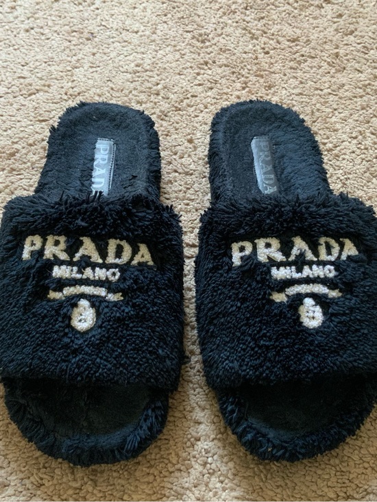 Prada Shoes - Prada Women’s Black Logo Shearling Embroidered Logo Slides Slippers Size 38